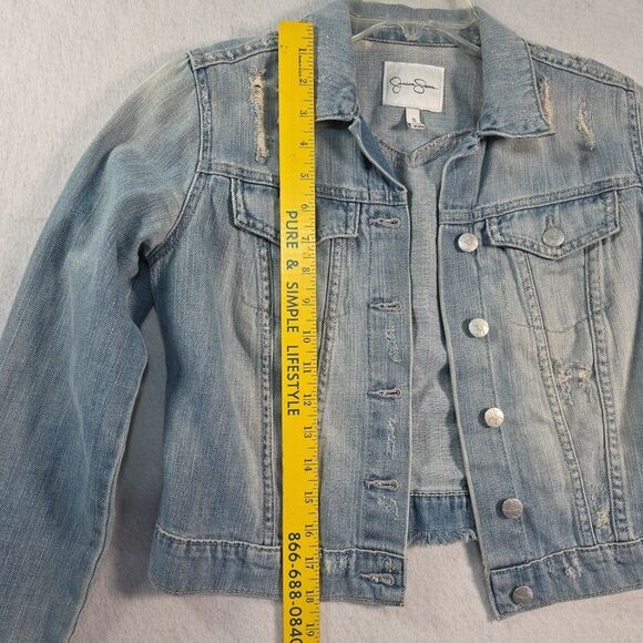 Jessica Simpson Cropped Denim Jacket Size Small Blue Distressed Pixie Fit - Picture 9 of 10